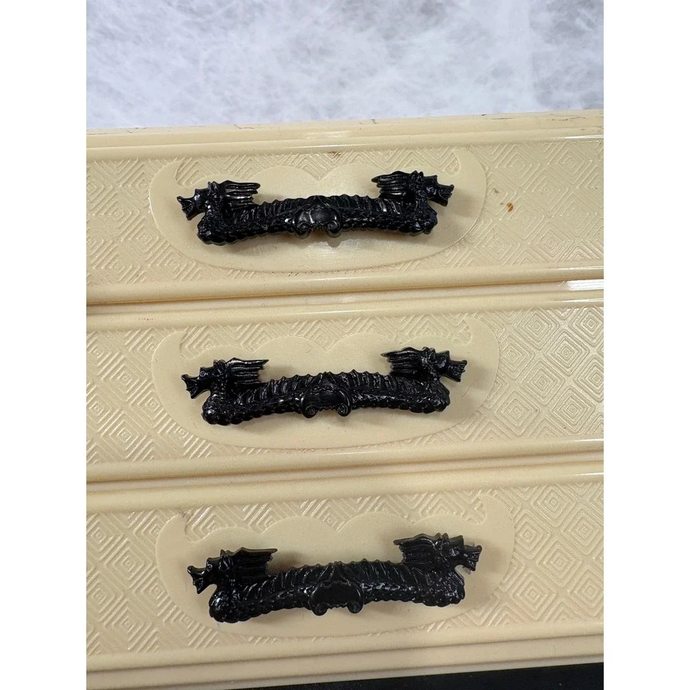 Vintage Chinoiserie Plastic Jewelry Box 3 Drawer Mini Chest Pagoda Cream Black